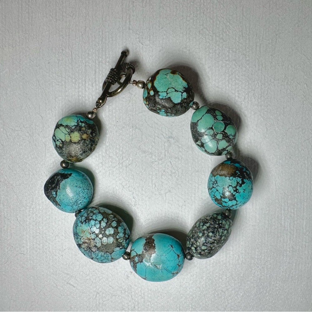 Vintage Chinese Turquoise Nugget Bracelet Hubei - Sterling Silver Toggle Clasp